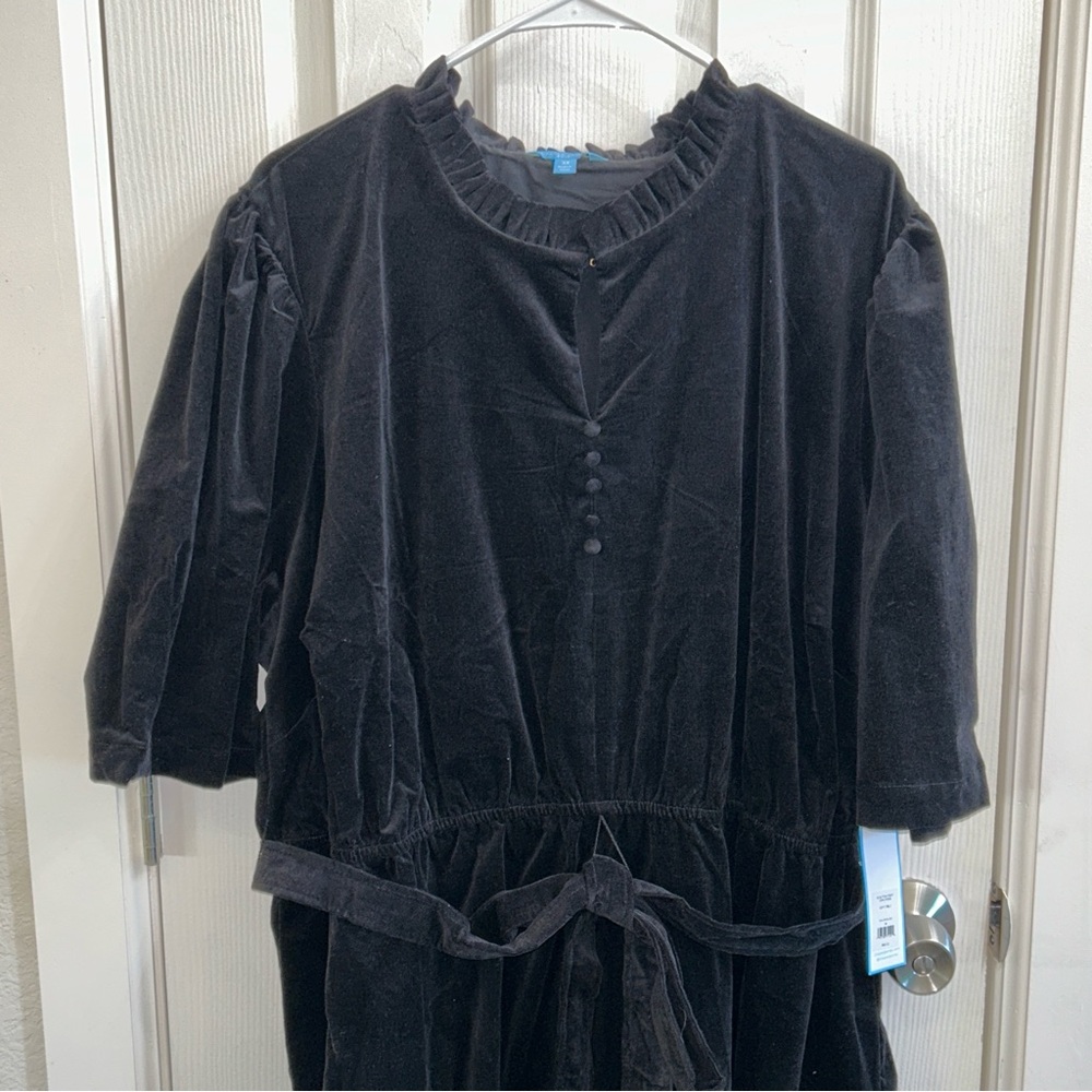 Draper James Black Midi Dress Size 3X NWT Tiered Skirt Ruffled Neck - Picture 3 of 14